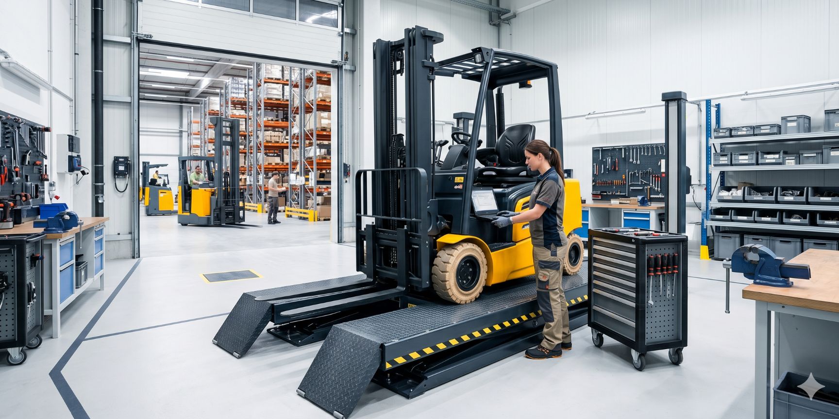 Eine Mechanikerin repariert einen Gabelstapler in einer modernen Werkstatt innerhalb einer Lagerlogistik-Halle, Werkzeuge und Regale im Hintergrund.